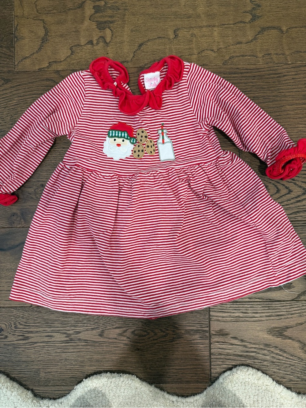 Festive Red Stripe Holiday Dress with Santa & Cookies Applique